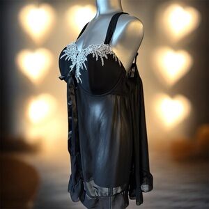 🆕Plus Size Black Sheer Babydoll with White Lace